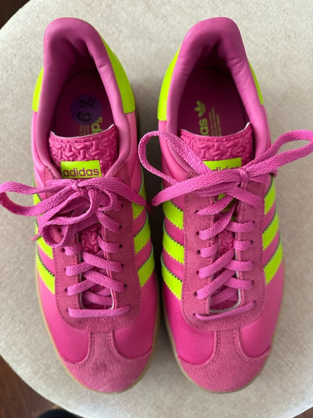 adidas Women’s Pink Sneakers with Neon Green Stripes - Picture 5 of 6